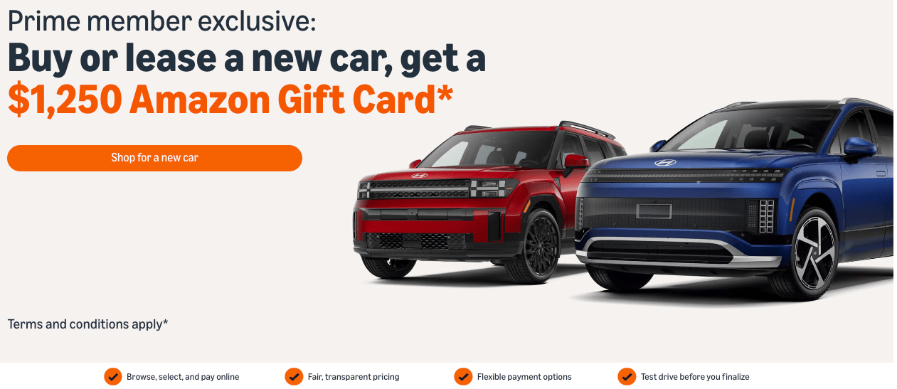 Obtain a $1,250 Gift Card when You Buy a Vehicle from Amazon