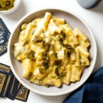 Creamy, spicy, comforting hatch green chile mac and cheese. Perfect for warming you up the coming fall days. #macandcheese #dinner #dinnerrecipes #cheese #comfort #comfortfood #hatchchile #greenchile