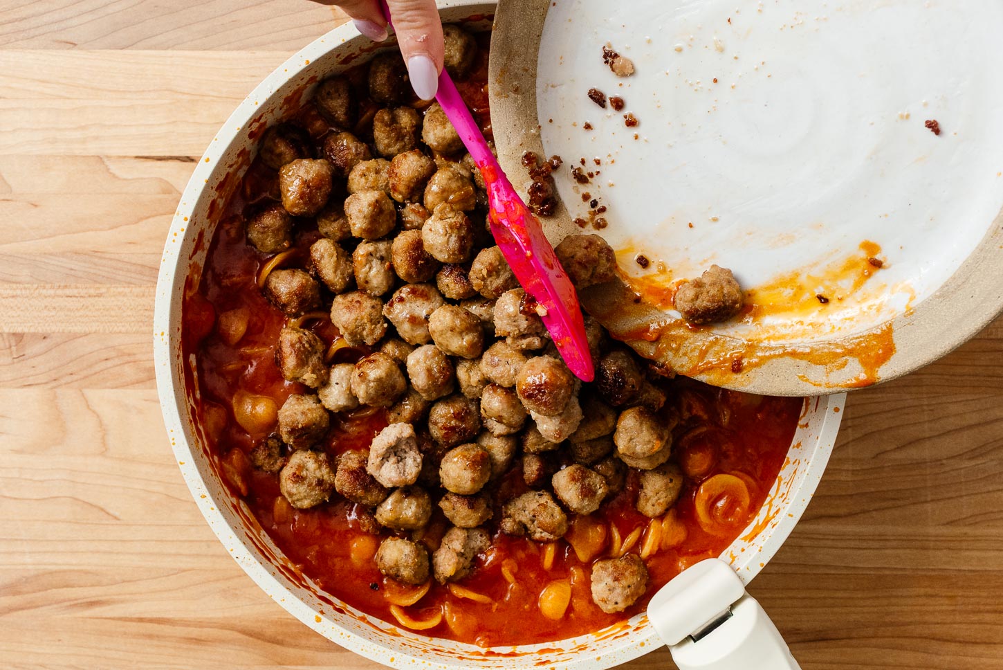 adding meatballs to mini meatball pasta | www.iamafoodblog.com