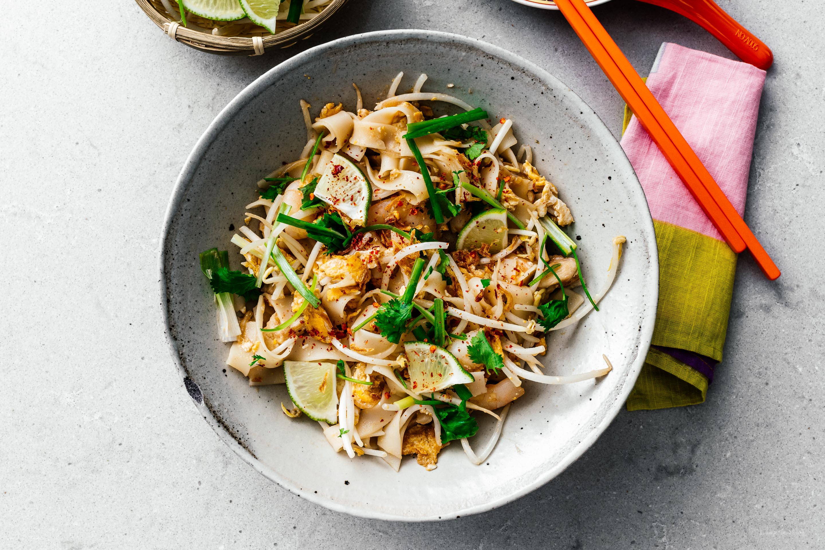 Make better than take out chicken and shrimp peanut free pad Thai right at home. Sweet, salty, savory – pad Thai is universally loved and for good reason. Forget delivery and customize your Pad Thai just the way you like it – this one had no peanuts because around here we do the #peanutfree life. Instead, there are buttery roasted cashews for that nutty crunch. #padthai #recipes #dinner #noodles #padthairecipe #thairecipes