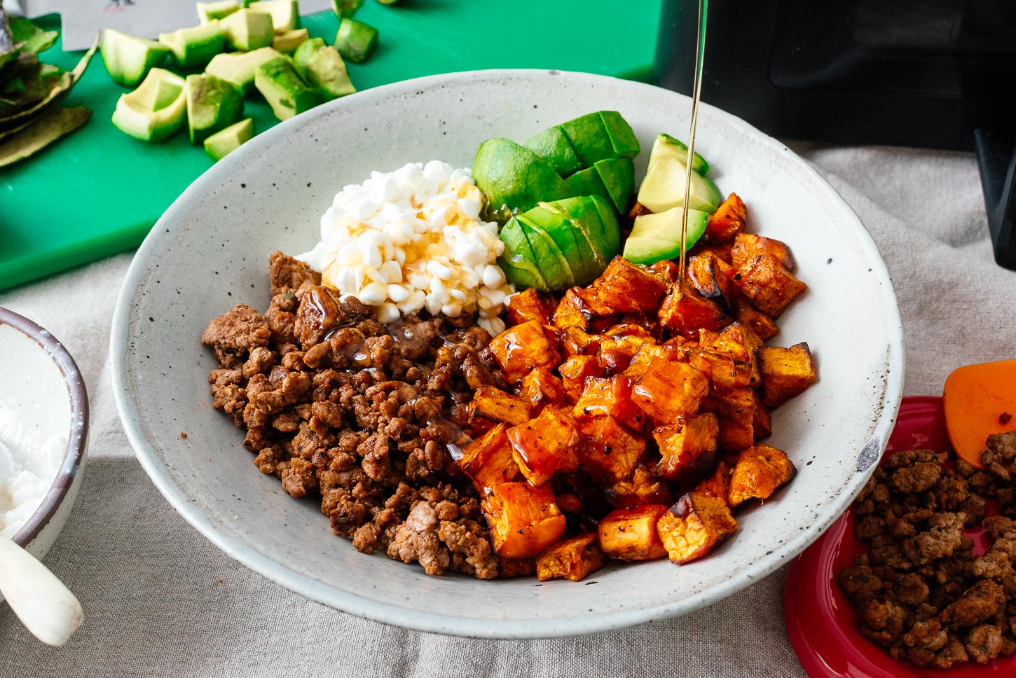 Ground Beef Sweet Potato Bowl with Hot Honey and Cottage Cheese