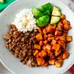 Ground Beef Sweet Potato Bowl with Hot Honey and Cottage Cheese