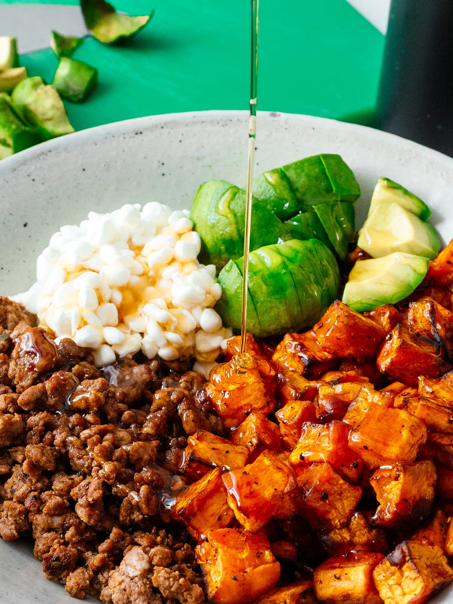 Ground Beef Sweet Potato Bowl with Hot Honey and Cottage Cheese