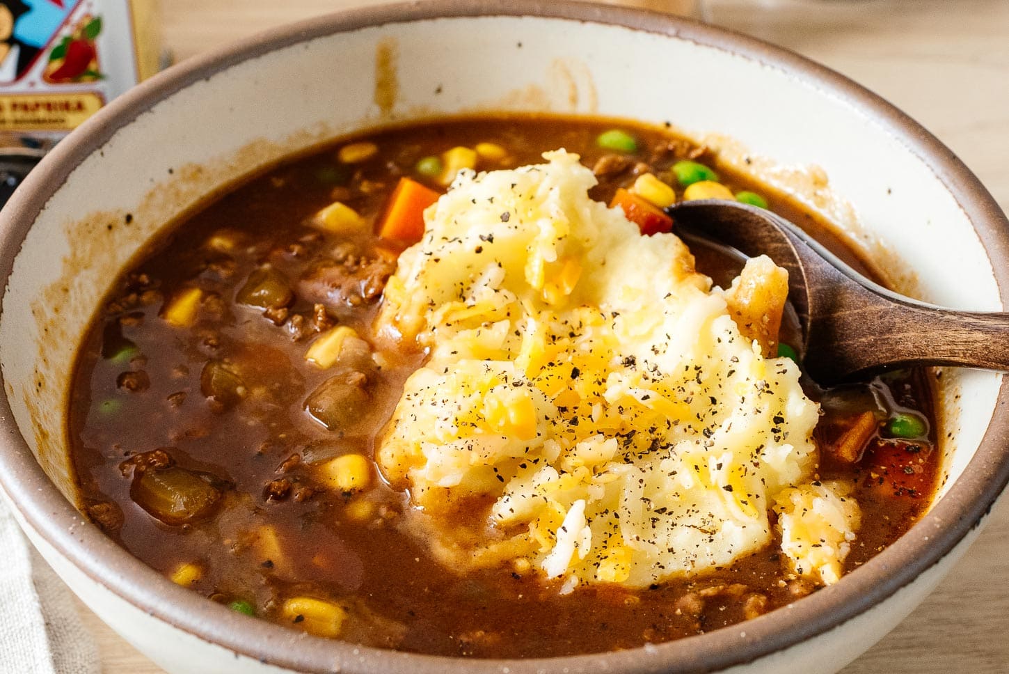 Shepherd’s Pie Soup with an island of mashed potatoes