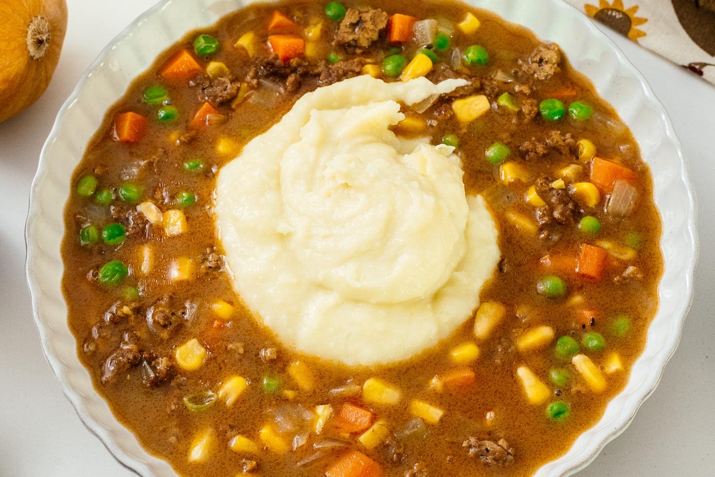 Shepherd’s Pie Soup with an island of mashed potatoes